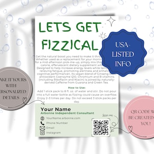 Puede incluir: Una tarjeta informativa blanca y verde con el texto "LETS GET FIZZICAL" y "USA LISTED INFO". La tarjeta incluye detalles sobre un suplemento dietético, instrucciones de uso e información de contacto de un consultor de Arbonne.