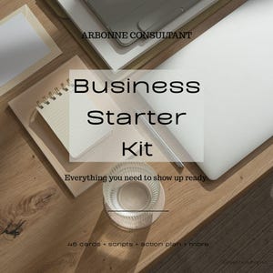May include: A business starter kit with a laptop, notebook, pen, and glass. The text on the image reads "Business Starter Kit" and "Everything you need to show up ready."
