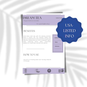 May include: A product information sheet for Dream Tea, with peppermint and lavender. The sheet includes the product name, benefits, and instructions for use. A blue USA-LISTED INFO badge is on the right.