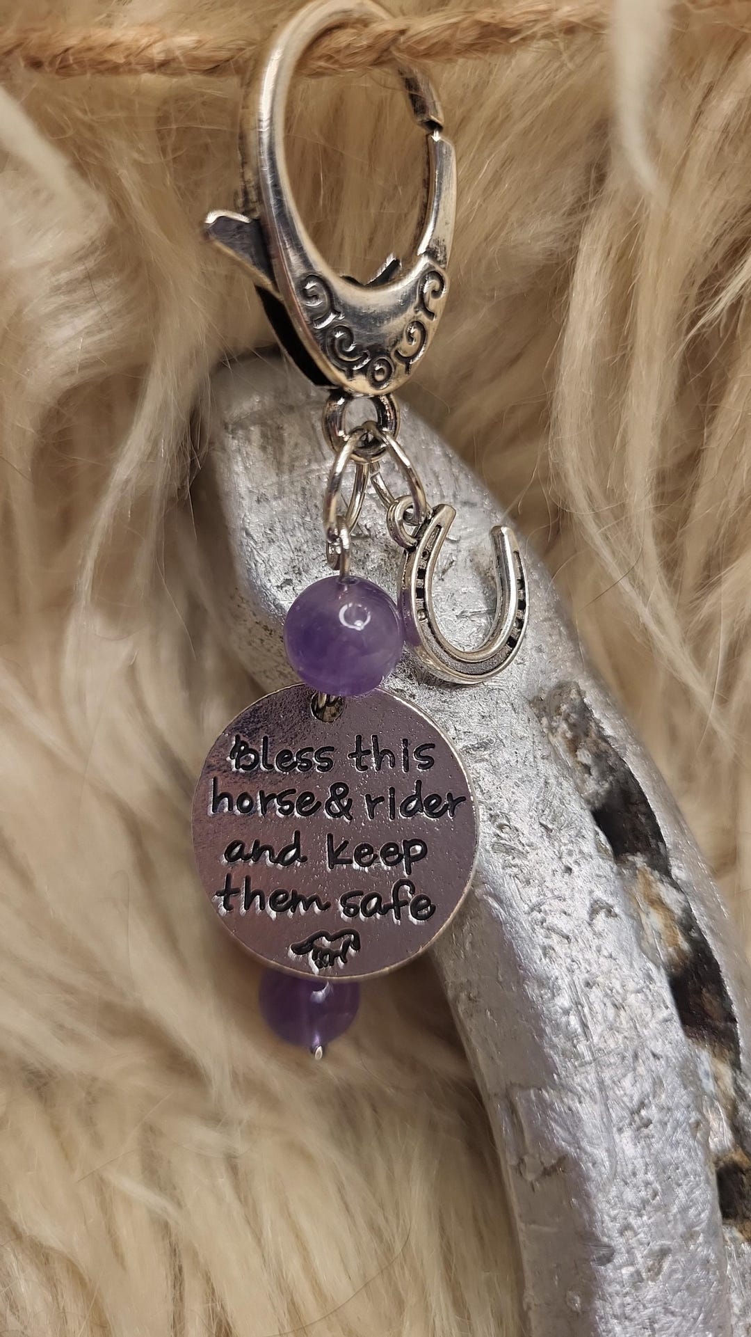 Horse Saddle Charm W/ Lobster Clasp, Genuine Purple Amethyst Beads ...