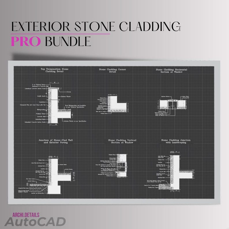 Exterior Stone Cladding Details PRO Bundle | DWG + PDF Guide - Special ...
