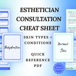 Puede incluir: Una hoja de consulta para esteticistas en formato PDF sobre tipos y condiciones de la piel. El documento incluye tarjetas con los títulos Dehydration y Normal Skin, con listas que detallan signos, enfoque de tratamiento y necesidades específicas.