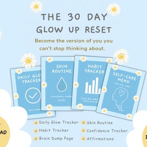 30-dagars Glow Up Reset Planner | Vanespårare för egenvård | Självförtroendedagbok | Utskrivbar rutinbyggare | Canva-mall