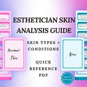 May include: A digital PDF guide for estheticians, offering skin analysis information. The image shows cards detailing skin types, conditions, and quick reference advice. Key topics include 'Normal Skin' and 'Acne', with supporting text and diagrams.