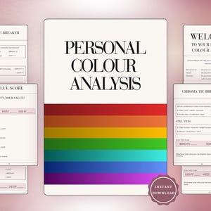 Könnte beinhalten: Ein Arbeitsbuch zur persönlichen Farbanalyse mit mehreren Textseiten und einer zentralen Seite, die den Titel PERSONAL COLOUR ANALYSIS über horizontalen Streifen in Rot, Orange, Gelb, Grün, Türkis, Blau und Violett sowie ein INSTANT DOWNLOAD-Abzeichen zeigt.