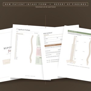 Könnte beinhalten: Ein Set aus zwei weißen PDF-Vorlagen für ein Patientenaufnahmeformular und einen Befundbericht. Die Dokumente enthalten Textüberschriften, Kontrollkästchen und Diagramme der menschlichen Wirbelsäule auf einem dunkelbraunen Hintergrund.