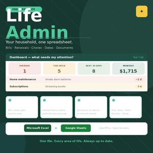 Panel de administración de la vida / Hoja de cálculo de gestión del hogar / Seguimiento de facturas, suscripciones, renovaciones y mantenimiento / Planificador en Excel