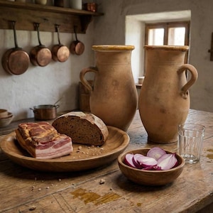 以下が含まれることがあります： 食べ物と陶器が置かれた木製のテーブルがある素朴なキッチンの風景。木製のボウルにはスライスした赤玉ねぎが入っています。パンとベーコンの塊が木製の皿にあります。2つの大きな茶色の水差しとグラスもテーブルにあります。