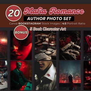 Puede incluir: Imagen promocional para un conjunto de fotos de autor "Mafia Romance". La imagen presenta un collage de 9 fotos con una estética oscura y dramática. El texto incluye "20 Mafia Romance" y "Author Photo Set".