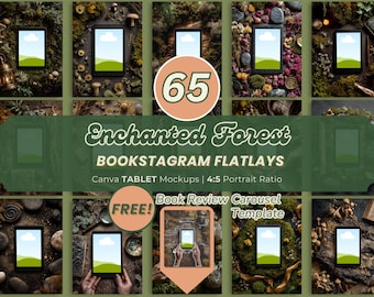 May include: A collection of tablet mockups arranged on various natural backgrounds, including moss, mushrooms, and stones. The image features the text "Enchanted Forest BOOKSTAGRAM FLATLAYS" and "Book Review Carousel Template". The image also includes the text "65" and "FREE!"