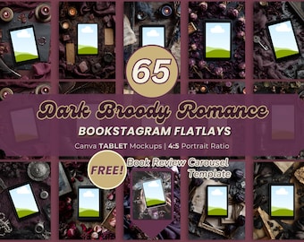 Könnte beinhalten: Eine Sammlung von Tablet-Mockups in dunkler, stimmungsvoller Ästhetik. Das Bild zeigt den Text "Dark Broody Romance" und "BOOKSTAGRAM FLATLAYS". Die Mockups sind für Canva konzipiert und haben ein 4:5-Hochformat. Enthält eine "FREE!" Book Review Carousel Template.