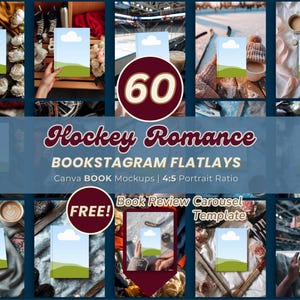 K&ouml;nnte beinhalten: Eine Sammlung von 60 Hockey Romance Bookstagram Flatlay Canva Buch-Mockups im 4:5 Hochformat. Die Darstellung zeigt verschiedene Szenen mit Hockey-Artikeln, Kaffee und Blumen, einschlie&szlig;lich einer kostenlosen Vorlage f&uuml;r Buchrezensionen.