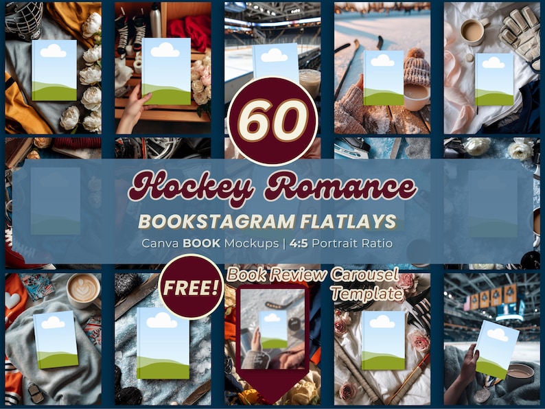K&ouml;nnte beinhalten: Eine Sammlung von 60 Hockey Romance Bookstagram Flatlay Canva Buch-Mockups im 4:5 Hochformat. Die Darstellung zeigt verschiedene Szenen mit Hockey-Artikeln, Kaffee und Blumen, einschlie&szlig;lich einer kostenlosen Vorlage f&uuml;r Buchrezensionen.