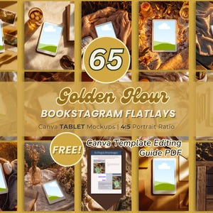 May include: A collection of tablet mockups with a golden hour theme. The image features multiple tablets with a landscape display, arranged in various settings. Text includes "65", "Golden Hour", "BOOKSTAGRAM FLATLAYS", and "FREE!"