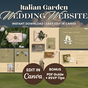 Może przedstawiać: Cyfrowy szablon strony internetowej ślubnej z motywem włoskiego ogrodu. Projekt zawiera różne układy stron internetowych, z tekstem "Italian Garden Wedding Website" u góry. Natychmiastowe pobieranie i łatwa edycja w Canva.