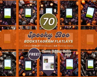 May include: A collection of 70 Spooky Boo Bookstagram flatlay tablet mockups in a 4:5 portrait ratio. The digital product includes Canva tablet mockups and a free Canva editing guide PDF, featuring dark, atmospheric Halloween-themed background imagery.