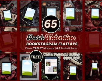 Puede incluir: Un collage de maquetas de tabletas con un tema oscuro y romántico. La imagen presenta múltiples tabletas con pantallas en blanco, rodeadas de rosas, velas y otros elementos decorativos. El texto incluye "Dark Valentine" y "Bookstagram Flatlays".