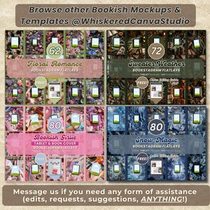 K&ouml;nnte beinhalten: Eine digitale Sammlung von vier buchbezogenen Mockup-Sets mit den Titeln Floral Romance, Sweater Weather, Bookish Girlie und Snow Magic. Jedes Set enth&auml;lt zahlreiche Tablet-Display-Vorlagen mit verschiedenen thematischen Hintergr&uuml;nden sowie eine kostenlose Bearbeitungsanleitung.