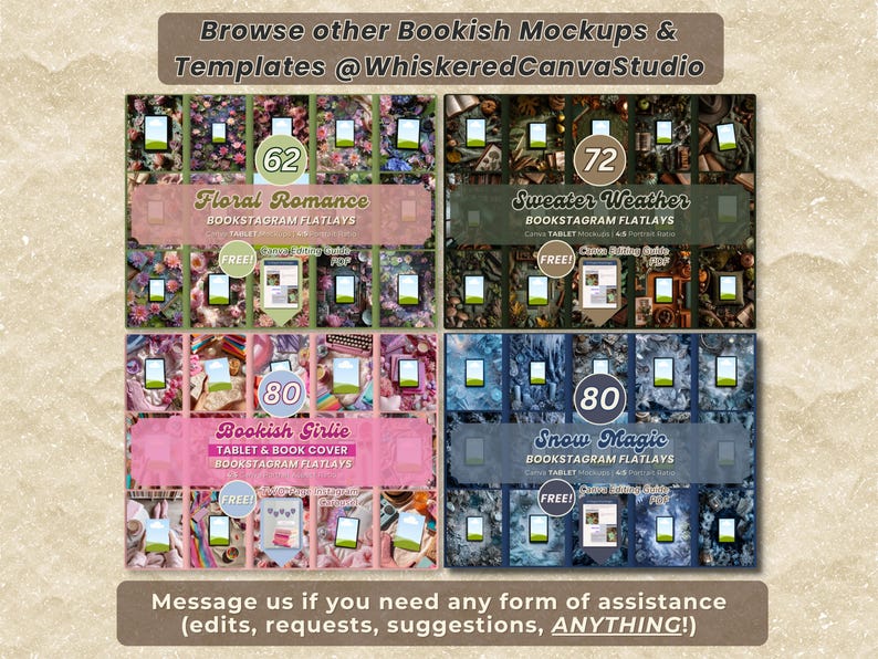 K&ouml;nnte beinhalten: Eine digitale Sammlung von vier buchbezogenen Mockup-Sets mit den Titeln Floral Romance, Sweater Weather, Bookish Girlie und Snow Magic. Jedes Set enth&auml;lt zahlreiche Tablet-Display-Vorlagen mit verschiedenen thematischen Hintergr&uuml;nden sowie eine kostenlose Bearbeitungsanleitung.