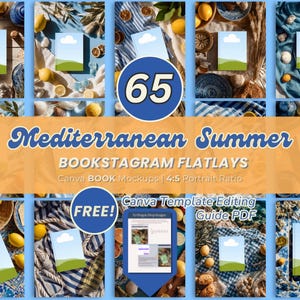 Op de afbeelding: Een verzameling flatlay-mockups met een mediterrane zomerthema. De afbeelding toont citroenen, boeken en diverse decoratieve elementen. Tekst bevat "65", "Mediterranean Summer", "Bookstagram Flatlays" en "Free!"