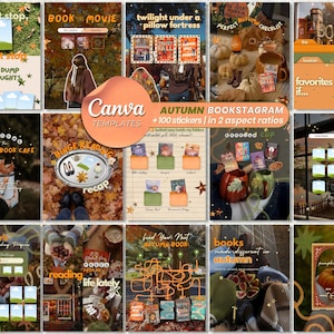May include: A collection of digital Canva templates for social media featuring autumn-themed designs. The layouts include text overlays like 'can't stop, won't stop', 'book dump', 'autumn book cafe', and 'binge reading recap' with fall foliage imagery.