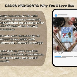 K&ouml;nnte beinhalten: Eine digitale Grafik mit einem Smartphone, das einen Social-Media-Beitrag mit dem Buch Heated Rivalry von Rachel Reid zeigt, umgeben von Eishockeyausr&uuml;stung und rosa Rosen. Der Text lautet DESIGN HIGHLIGHTS: Why You'll Love this und listet Details.