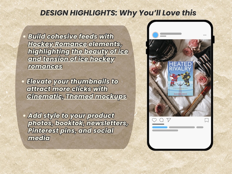 K&ouml;nnte beinhalten: Eine digitale Grafik mit einem Smartphone, das einen Social-Media-Beitrag mit dem Buch Heated Rivalry von Rachel Reid zeigt, umgeben von Eishockeyausr&uuml;stung und rosa Rosen. Der Text lautet DESIGN HIGHLIGHTS: Why You'll Love this und listet Details.