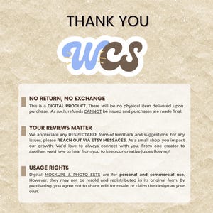 K&ouml;nnte beinhalten: Eine digitale Informationskarte mit beigem, strukturiertem Hintergrund, die den Text THANK YOU und das WCS-Logo in Blau und Braun zeigt. Die Karte erl&auml;utert Richtlinien zu R&uuml;ckgabeverzicht, digitalem Produktstatus, Bewertungen und Nutzungsrechten.