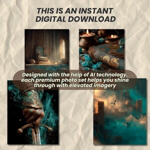 May include: A digital download graphic with four fantasy-themed images. The text reads "THIS IS AN INSTANT DIGITAL DOWNLOAD" and "Designed with the help of AI technology, each premium photo set helps you shine through with elevated imagery."