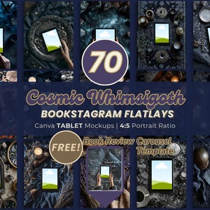 Può includere: Mockup di tablet per Bookstagram, formato verticale 4:5. L'immagine presenta un tema scuro e cosmico, con il testo "Cosmic Whimsigoth" e un badge con il numero "70". Include un badge "FREE!" e il testo "Book Review Carousel Template".