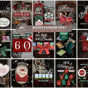 May include: A collection of 40+ digital templates for a Bookstagram post featuring holiday reading recaps. The designs include festive graphics like stockings, red sleighs, mailboxes, and ornaments, with text overlays such as 55 BOOKS, 60 DAYS Before Christmas, and ADORED Quotes.