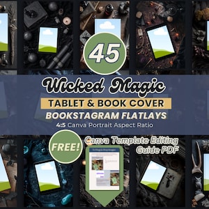 Könnte beinhalten: Werbebild für digitale Vorlagen. Das Bild zeigt mehrere Mockups von Tablets und Büchern mit einem Hexen-Thema. Der Text enthält "Wicked Magic" und "BOOKSTAGRAM FLATLAYS". Ein grüner Kreis sagt "FREE!"