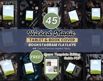 May include: A promotional image for digital templates. The image features multiple mockups of tablets and books with a witchy theme. Text includes "Wicked Magic" and "BOOKSTAGRAM FLATLAYS". A green circle says "FREE!"