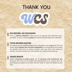 May include: A beige background with the words "THANK YOU" at the top. Below is a logo with the letters "WCS" in blue and brown. A white box contains text about digital products, refunds, reviews, and usage rights.