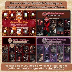 May include: A promotional image featuring four product mockups for bookstagram content. The mockups include templates for Lunar New Year, Mafia Romance, Dark Romance, and Vampire Romance themes. The image includes text such as "Bookish Mockups & Templates" and "Author Photo Set".