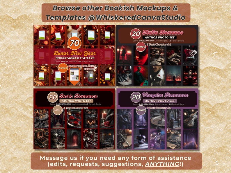 May include: A promotional image featuring four product mockups for bookstagram content. The mockups include templates for Lunar New Year, Mafia Romance, Dark Romance, and Vampire Romance themes. The image includes text such as "Bookish Mockups & Templates" and "Author Photo Set".