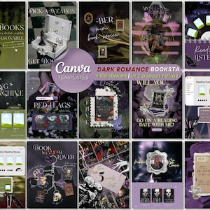 May include: A collection of digital social media templates for book enthusiasts featuring dark, moody aesthetics with purple and green color palettes. The designs include text overlays, book cover placeholders, rating systems, and decorative stickers.