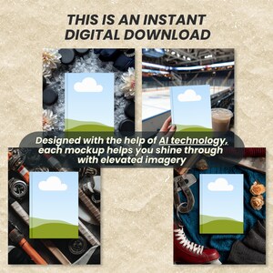 K&ouml;nnte beinhalten: Vier digitale Buch-Mockups mit einem hellblauen Himmel, einer wei&szlig;en Wolke und gr&uuml;nen H&uuml;geln auf dem Cover. Der Text lautet: THIS IS AN INSTANT DIGITAL DOWNLOAD. Designed with the help of AI technology, each mockup helps you shine through with elevated imagery.