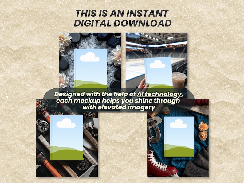 K&ouml;nnte beinhalten: Vier digitale Buch-Mockups mit einem hellblauen Himmel, einer wei&szlig;en Wolke und gr&uuml;nen H&uuml;geln auf dem Cover. Der Text lautet: THIS IS AN INSTANT DIGITAL DOWNLOAD. Designed with the help of AI technology, each mockup helps you shine through with elevated imagery.