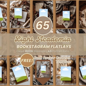 May include: A collection of flatlay images with a light academia theme. Each image showcases a book mockup with a blue sky and green landscape design. The text includes "Light Academia" and "Bookstagram Flatlays".