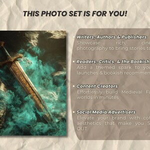 May include: An artistic image featuring a detailed sword with a gold hilt and blade, set against a backdrop of teal mist and rocky terrain. Text reads: "THIS PHOTO SET IS FOR YOU!" and lists benefits for writers, readers, content creators, and social media advertisers.