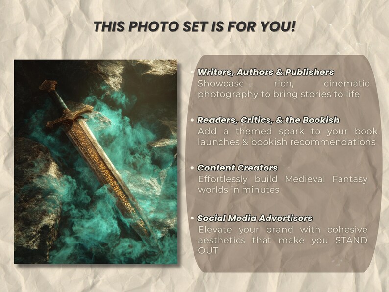 May include: An artistic image featuring a detailed sword with a gold hilt and blade, set against a backdrop of teal mist and rocky terrain. Text reads: "THIS PHOTO SET IS FOR YOU!" and lists benefits for writers, readers, content creators, and social media advertisers.