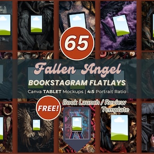May include: A collection of tablet mockups with diverse backgrounds, such as angel wings and feathers. The text "Fallen Angel BOOKSTAGRAM FLATLAYS" and "Book Launch / Review Template" are displayed. A circle with the number "65" is visible.