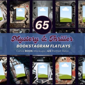 May include: A collection of 12 book mockups with a 4:5 portrait ratio, designed for Bookstagram flatlays. The image features a central graphic with the number "65" and the text "Mystery & Thriller". Each mockup displays a book cover with a sky and grass design.