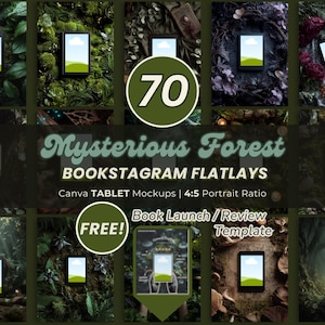 Op de afbeelding: Tien tablet-mockups met een 4:5-portretverhouding, tegen een bosachtergrond. De afbeelding bevat de tekst "Mysterious Forest BOOKSTAGRAM FLATLAYS" en "Book Launch/Review Template". Er is ook een "FREE!"-badge aanwezig.
