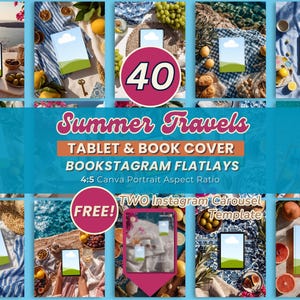 Op de afbeelding: Een collage van afbeeldingen met tablets en boekomslagen met een zomervakantiethema. De tekst bevat "Summer Travels", "Tablet & Book Cover" en "Bookstagram Flatlays". De afbeeldingen zijn gerangschikt met eten en landschap.