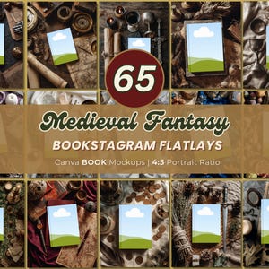 Może przedstawiać: Kolekcja 12 makiet książek w stylu fantasy średniowiecznej, ułożonych w siatkę. Każda makieta przedstawia książkę z motywem nieba i krajobrazu. Obraz zawiera rekwizyty, takie jak mapy, świece i kielichy. Tekst brzmi "Medieval Fantasy BOOKSTAGRAM FLATLAYS".