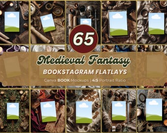 Mittelalterliches Fantasy Bücheragramm Flatlay Mockups: Märchen Epische Suche Bücherwurm Bundles, Dunkel Okkultes Buch Mockup für Autor Promo Writer