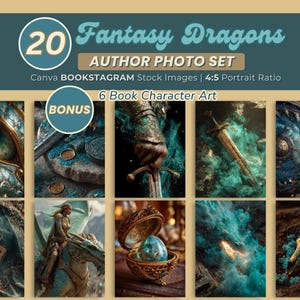 Fantasy Dragon Author Branding Photo Set + Medieval Author Promotion
-20 Cinematic Book Launch Images + 6 Bonus Book or Ebook Character Art | Canva Editable | Digital Download