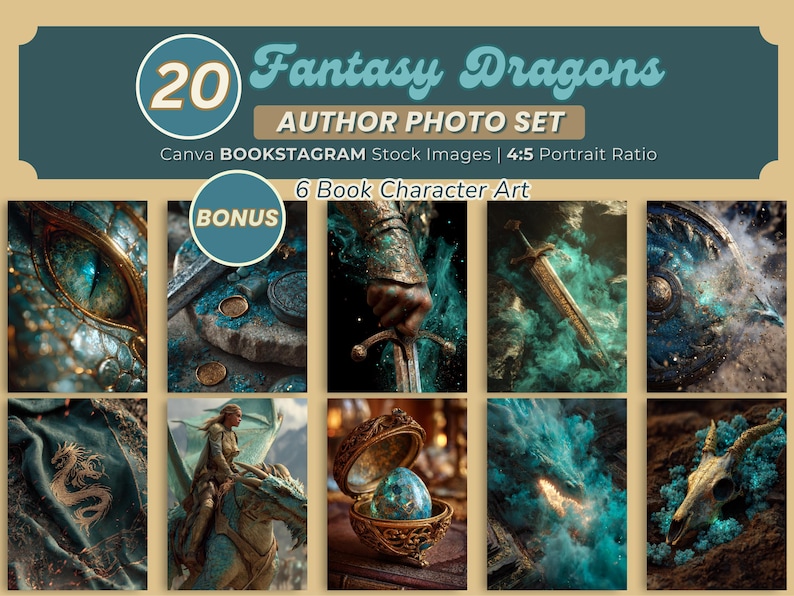 Fantasy Dragon Author Branding Photo Set + Medieval Author Promotion
-20 Cinematic Book Launch Images + 6 Bonus Book or Ebook Character Art | Canva Editable | Digital Download